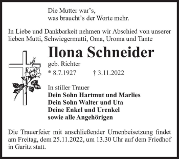 Traueranzeige von Ilona Schneider (geb. Richter)  von Magdeburger Volksstimme