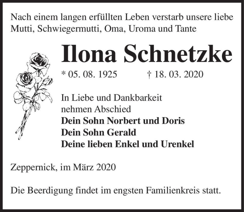  Traueranzeige für Ilona Schnetzke  vom 21.03.2020 aus Magdeburger Volksstimme