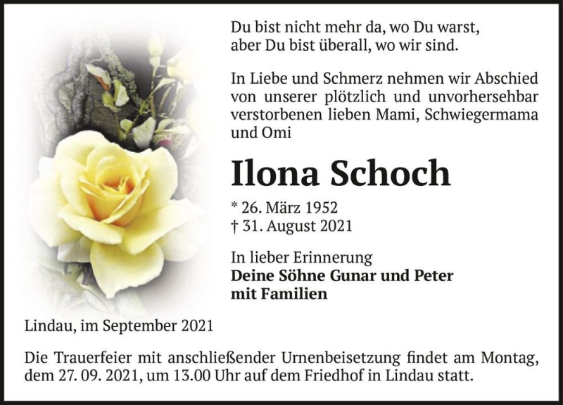  Traueranzeige für Ilona Schoch  vom 11.09.2021 aus Magdeburger Volksstimme