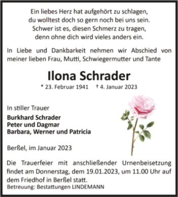 Traueranzeige von Ilona Schrader  von Magdeburger Volksstimme