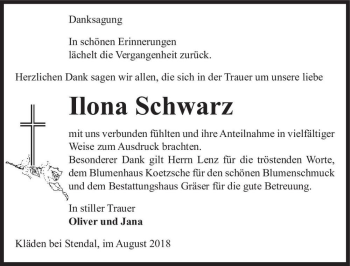 Traueranzeige von Ilona Schwarz  von Magdeburger Volksstimme