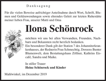 Traueranzeige von Ilona Schönrock  von Magdeburger Volksstimme
