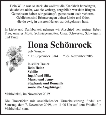 Traueranzeige von Ilona Schönrock (geb. Wunow)  von Magdeburger Volksstimme