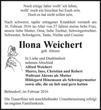 Traueranzeige von Ilona Weichert (geb. Ahrens)  von Magdeburger Volksstimme
