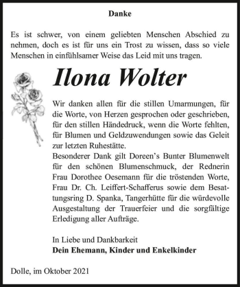 Traueranzeige von Ilona Wolter  von Magdeburger Volksstimme