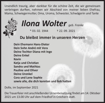 Traueranzeige von Ilona Wolter (geb. Franke)  von Magdeburger Volksstimme