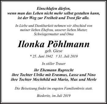 Traueranzeige von Ilonka Pöhlmann (geb. Giese)  von Magdeburger Volksstimme