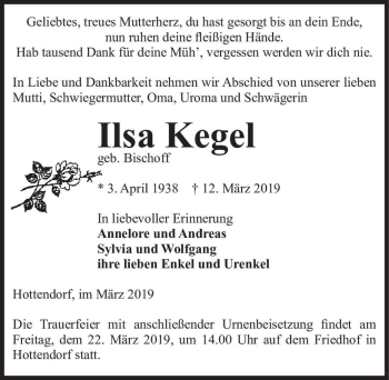 Traueranzeige von Ilsa Kegel (geb. Bischoff)  von Magdeburger Volksstimme