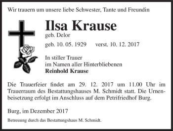 Traueranzeige von Ilsa Krause (geb. Delor)  von Magdeburger Volksstimme