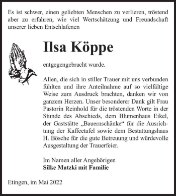 Traueranzeige von Ilsa Köppe  von Magdeburger Volksstimme