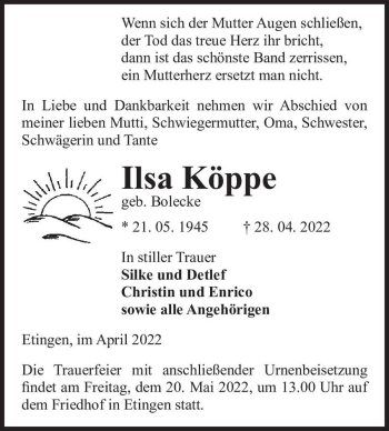 Traueranzeige von Ilsa Köppe (geb. Bolecke)  von Magdeburger Volksstimme