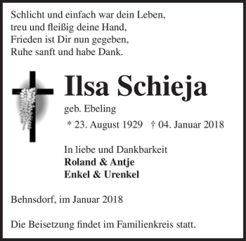 Traueranzeige von Ilsa Schieja (geb. Ebeling)  von Magdeburger Volksstimme