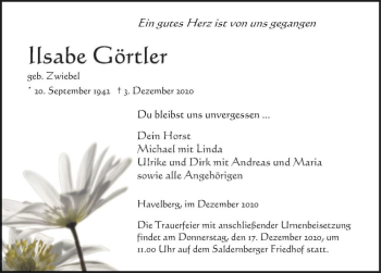 Traueranzeige von Ilsabe Görtler (geb. Zwiebel)  von Magdeburger Volksstimme
