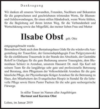 Traueranzeige von Ilsabe Obst (geb. Otte)  von Magdeburger Volksstimme