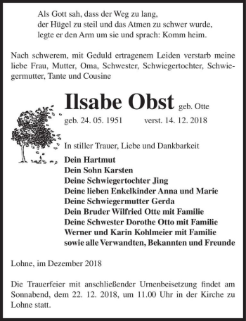 Traueranzeige von Ilsabe Obst (geb. Otte)  von Magdeburger Volksstimme