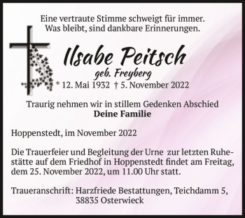 Traueranzeige von Ilsabe Peitsch (geb. Freyberg)  von Magdeburger Volksstimme