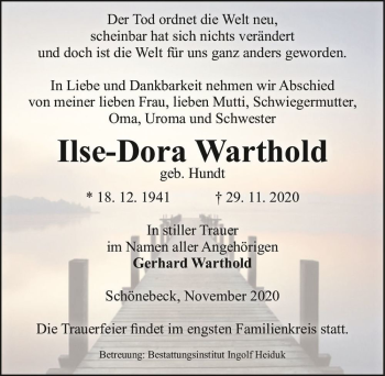 Traueranzeige von Ilse-Dora Warthold (geb. Hundt)  von Magdeburger Volksstimme
