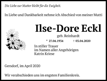 Traueranzeige von Ilse-Dore Eckl (geb. Reinhardt)  von Magdeburger Volksstimme
