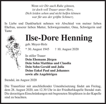 Traueranzeige von Ilse-Dore Henning (geb. Meyer-Holz)  von Magdeburger Volksstimme