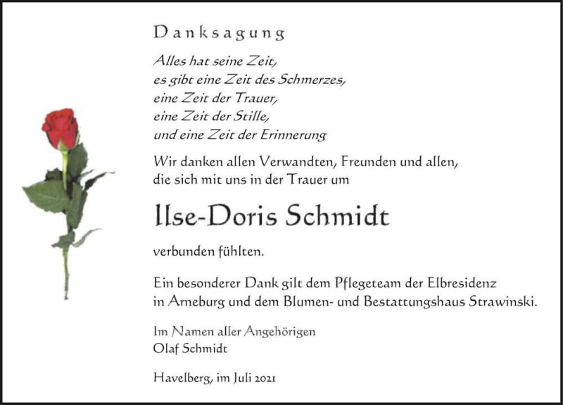  Traueranzeige für Ilse-Doris Schmidt  vom 14.07.2021 aus Magdeburger Volksstimme