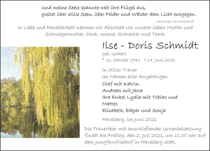  Traueranzeige für Ilse-Doris Schmidt (geb. Grabert)  vom 19.06.2021 aus Magdeburger Volksstimme