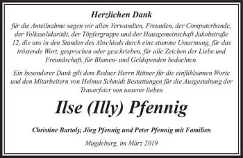 Traueranzeige von Ilse (Illy) Pfennig  von Magdeburger Volksstimme