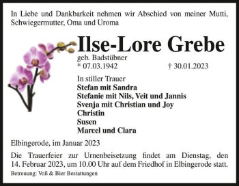 Traueranzeige von Ilse-Lore Grebe (geb. Badstübner)  von Magdeburger Volksstimme