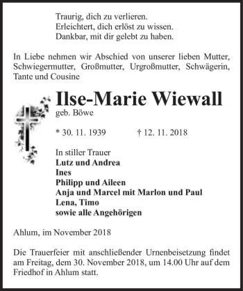 Traueranzeige von Ilse-Marie Wiewall (geb. Böwe)  von Magdeburger Volksstimme