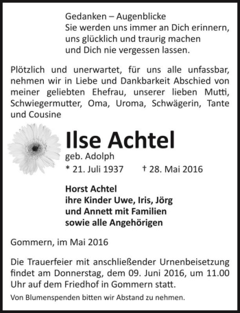 Traueranzeige von Ilse Achtel (geb. Adolph)  von Magdeburger Volksstimme