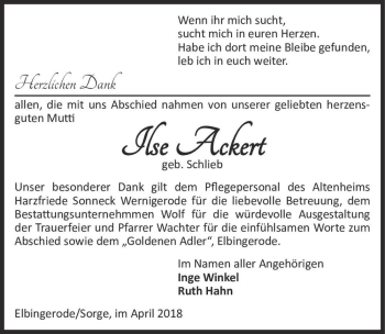 Traueranzeige von Ilse Ackert (geb. Schlieb)  von Magdeburger Volksstimme