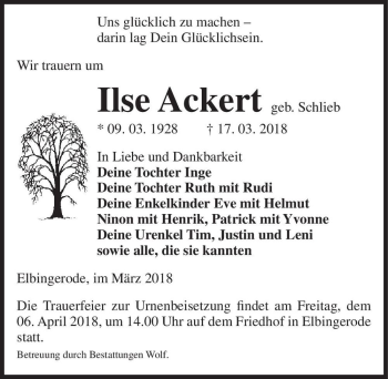 Traueranzeige von Ilse Ackert (geb. Schlieb)  von Magdeburger Volksstimme