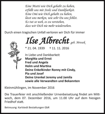 Traueranzeige von Ilse Albrecht (geb. Stichnoth)  von Magdeburger Volksstimme