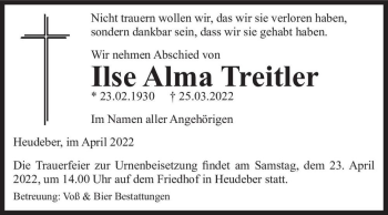 Traueranzeige von Ilse Alma Treitler  von Magdeburger Volksstimme