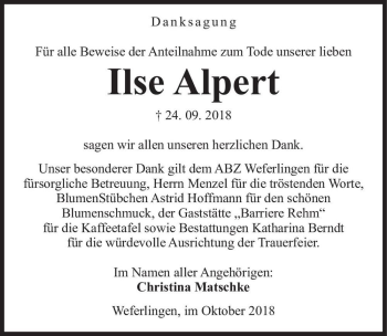 Traueranzeige von Ilse Alpert  von Magdeburger Volksstimme