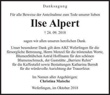 Traueranzeige von Ilse Alpert  von Magdeburger Volksstimme