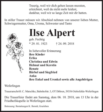 Traueranzeige von Ilse Alpert (geb. Fechtig)  von Magdeburger Volksstimme