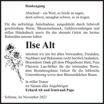 Traueranzeige von Ilse Alt  von Magdeburger Volksstimme