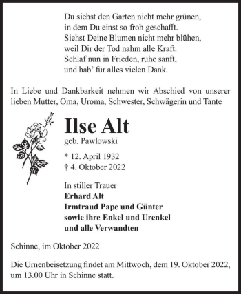 Traueranzeige von Ilse Alt (geb. Pawlowski)  von Magdeburger Volksstimme