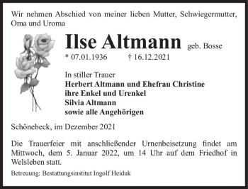 Traueranzeige von Ilse Altmann (geb. Bosse)  von Magdeburger Volksstimme