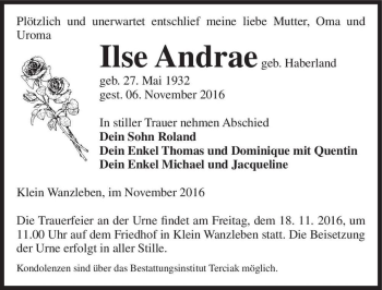 Traueranzeige von Ilse Andrae (geb. Haberland)  von Magdeburger Volksstimme