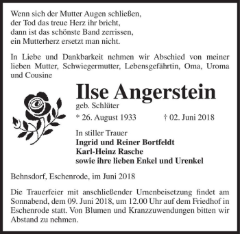 Traueranzeige von Ilse Angerstein (geb. Schlüter)  von Magdeburger Volksstimme