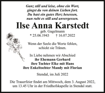 Traueranzeige von Ilse Anna Karstedt (geb. Gagelmann)  von Magdeburger Volksstimme