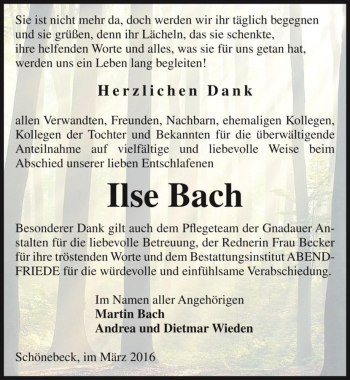 Traueranzeige von Ilse Bach  von Magdeburger Volksstimme