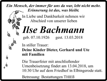 Traueranzeige von Ilse Bachmann  von Magdeburger Volksstimme
