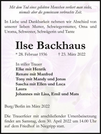 Traueranzeige von Ilse Backhaus  von Magdeburger Volksstimme