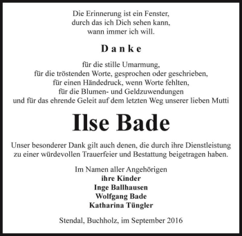 Traueranzeige von Ilse Bade  von Magdeburger Volksstimme
