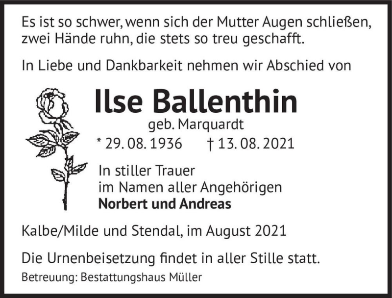  Traueranzeige für Ilse Ballenthin (geb. Marquardt)  vom 17.08.2021 aus Magdeburger Volksstimme