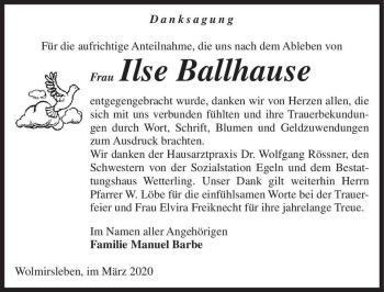 Traueranzeige von Ilse Ballhause  von Magdeburger Volksstimme