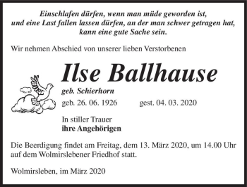 Traueranzeige von Ilse Ballhause (geb. Schierhorn)  von Magdeburger Volksstimme