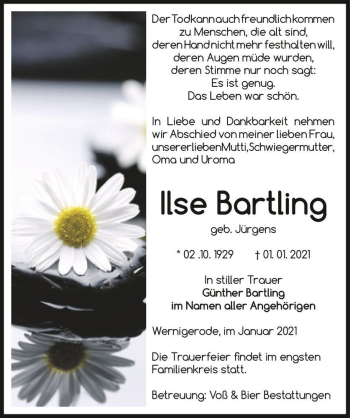 Traueranzeige von Ilse Bartling (geb. Jürgens)  von Magdeburger Volksstimme